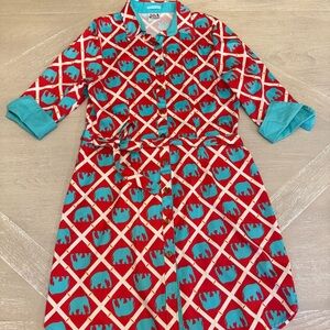 Haley and the Hound Button Front Dress Elephants Print 3/4 Sleeve Stretch Sz 14
